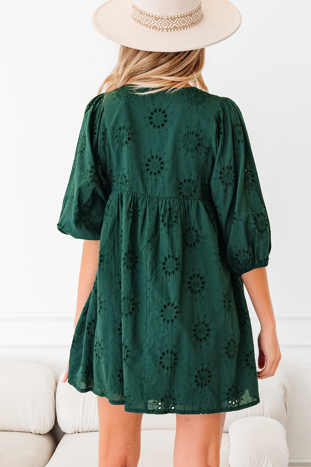 Blackish Green Eyelet Embroidered Swing Dress Puff Sleeve Dear-Lover Dropshipping